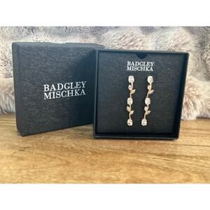 Badgley Mischka Long Rhinestone Gold Leaf Earrings